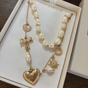 Persimmon Gold and Cream Pearl Heart Necklace